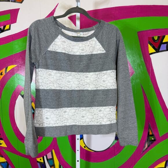 LC Lauren Conrad Gray and White Lace Striped Raglan Sweater. Size Small. - Picture 1 of 6